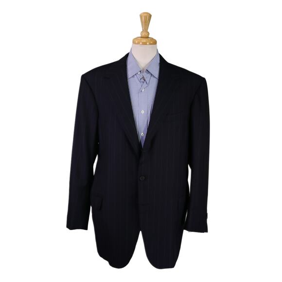 English Cut Bespoke Savile Row Tailors Navy Chalkstripe Suit Blazer Jacket 50L - Picture 1 of 9